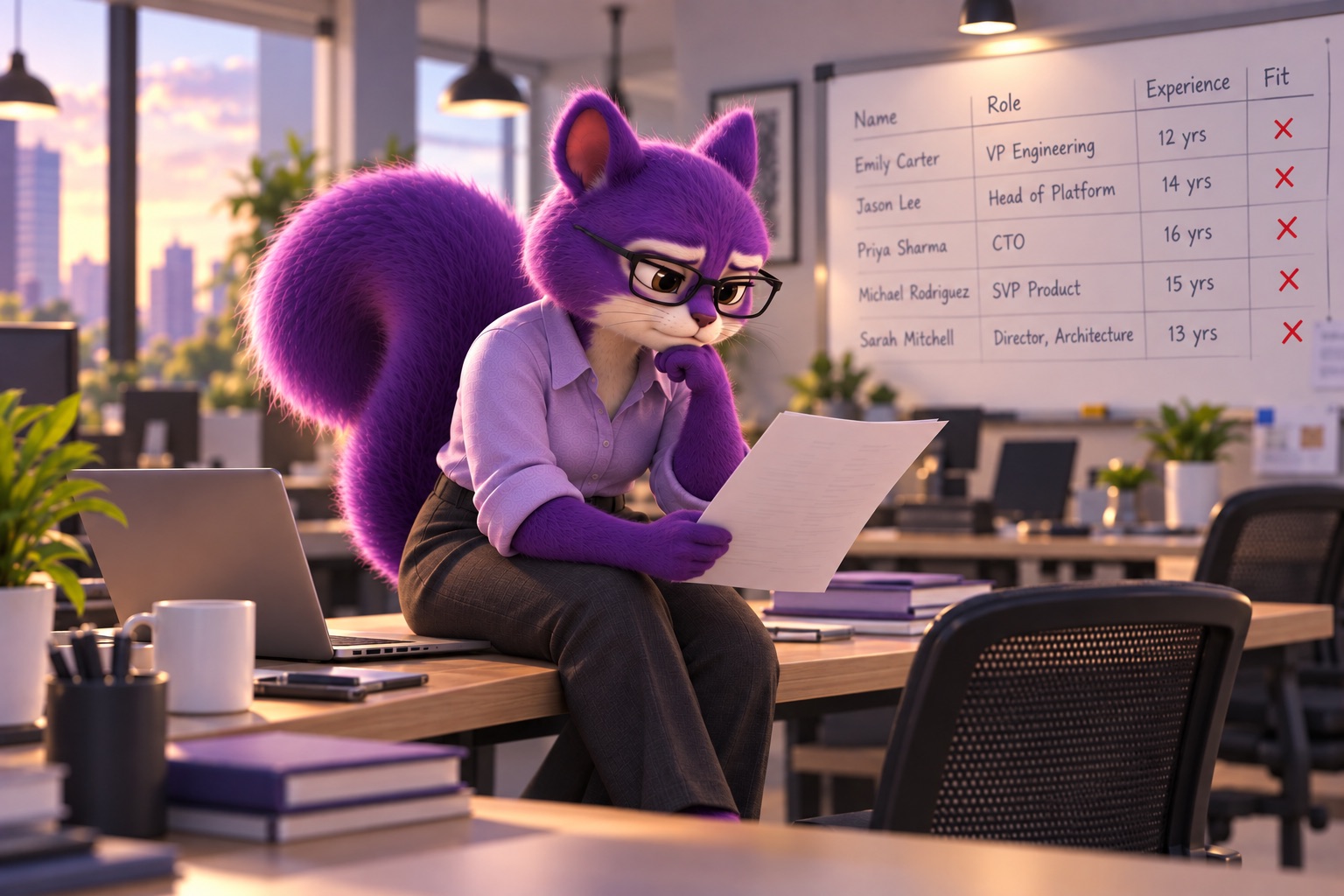 Scout, a purple squirrel in reading glasses, perches on an office desk reading a candidate profile, beside a whiteboard shortlist whose every name is crossed out in the &lsquo;Fit&rsquo; column.
