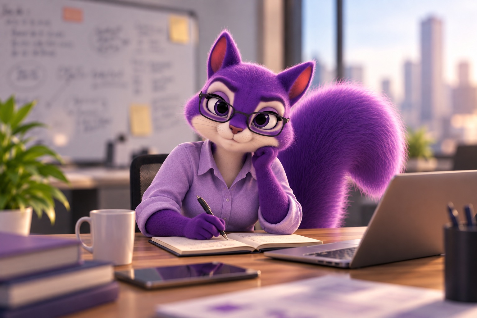 Scout, the Recruise purple squirrel mascot, sits at a desk with a notebook and pen, looking directly at the reader.