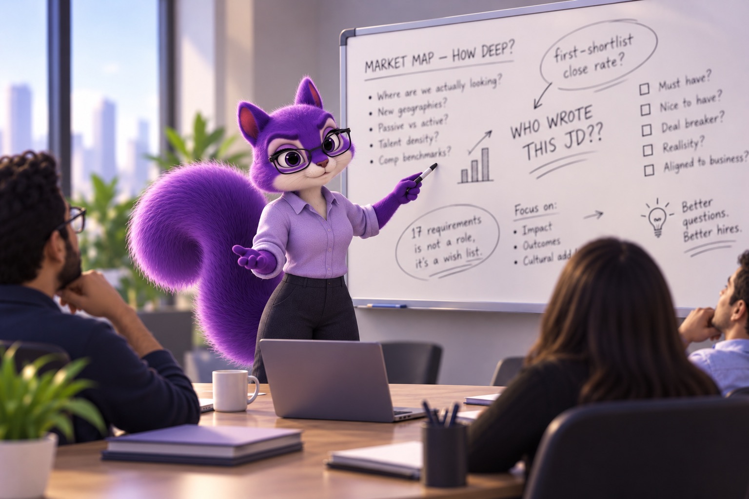 Scout stands at a conference-room whiteboard covered in her questions, marker in paw, while Recruise team members listen around the table.