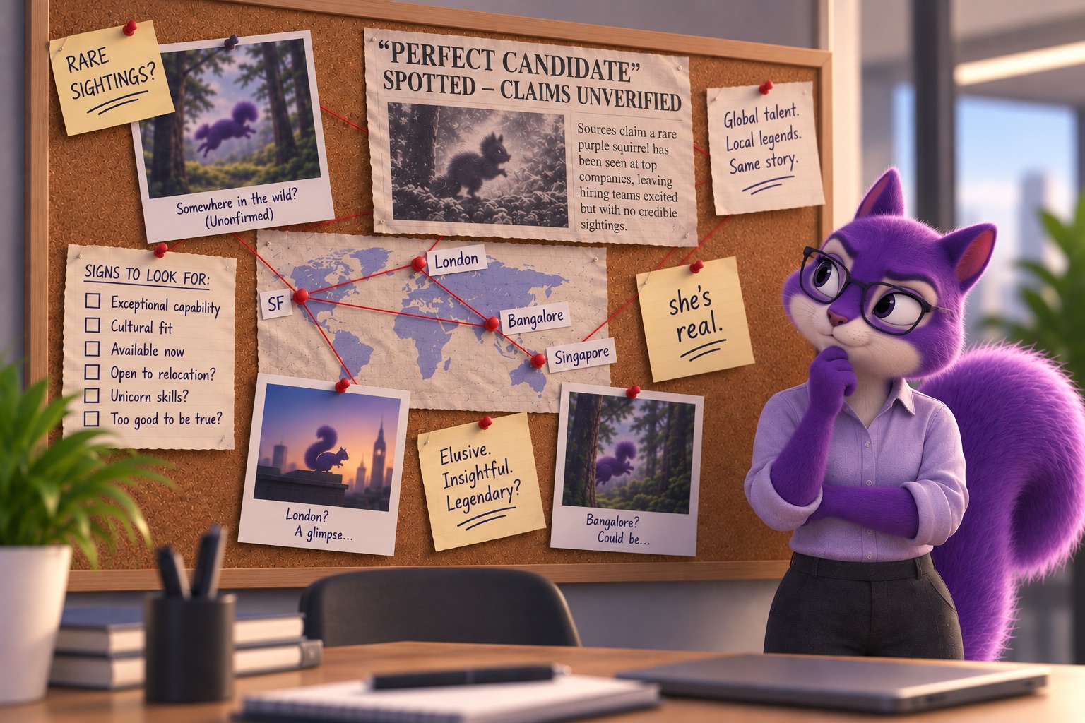 A corkboard of pinned purple-squirrel sighting photos, a world map joined by red string, and a clipping reading "Perfect candidate spotted &mdash; claims unverified", with the real Scout beside it looking unconvinced.