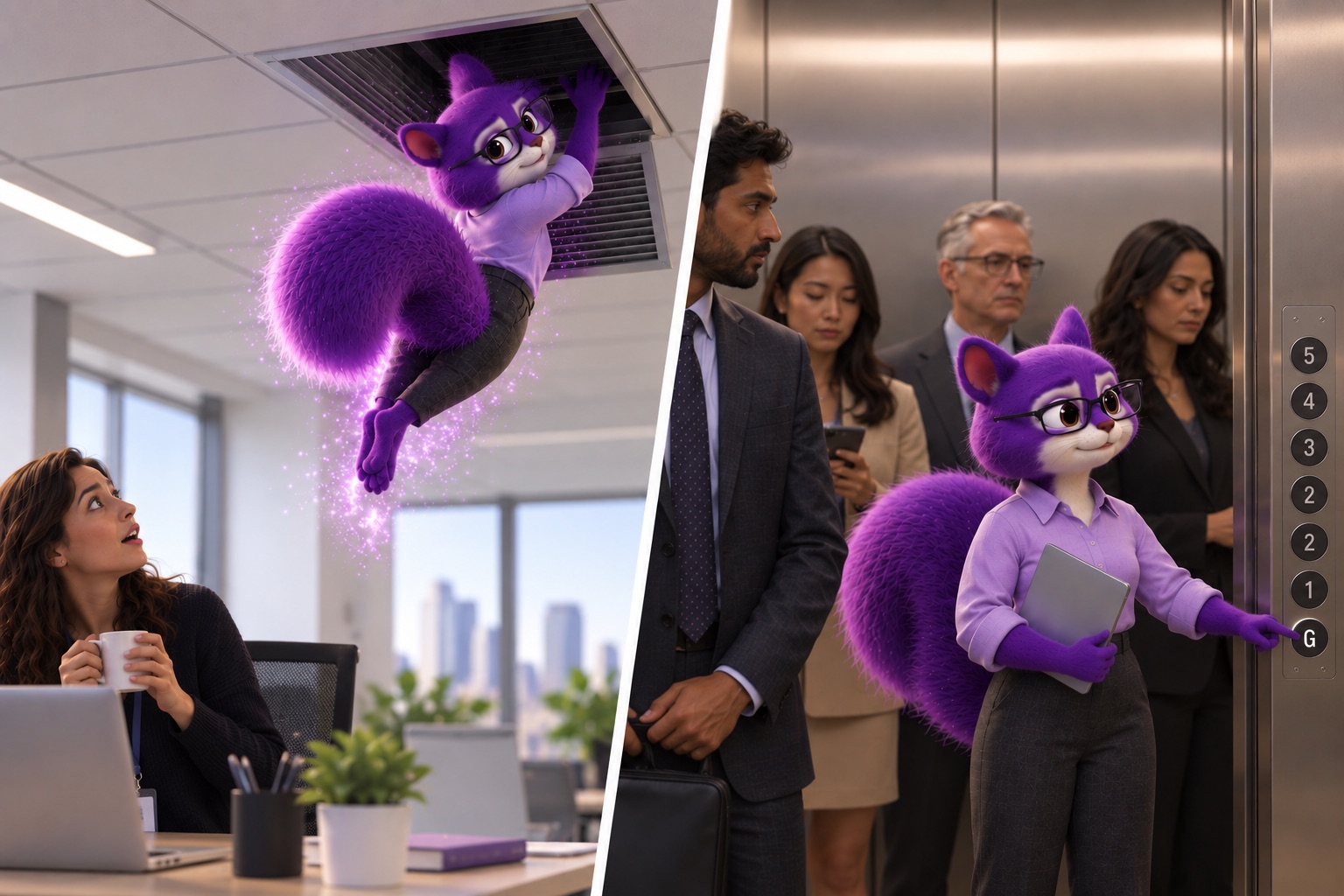 Two rival versions of Scout&rsquo;s exit, side by side: on the left she rises into a ceiling vent in a swirl of purple sparkle while a colleague looks up from her desk, mug in hand; on the right she stands in a crowded lift, laptop under one arm, calmly pressing the ground-floor button.