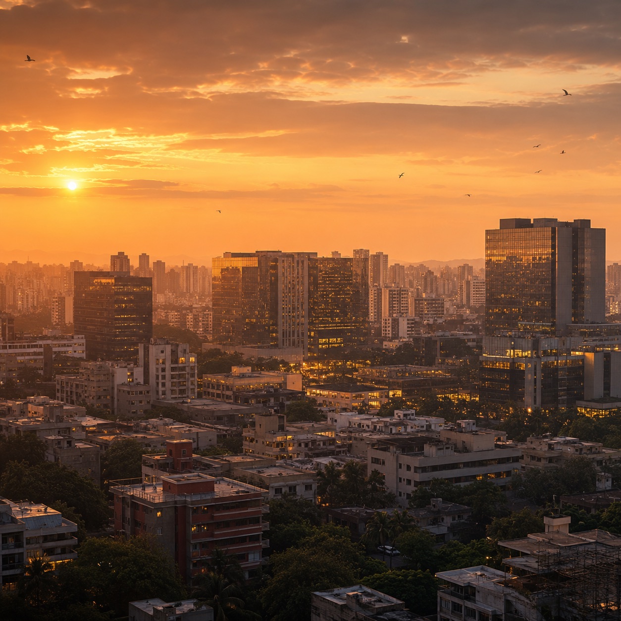 A warm-lit Indian city skyline at golden hour, read as a live market