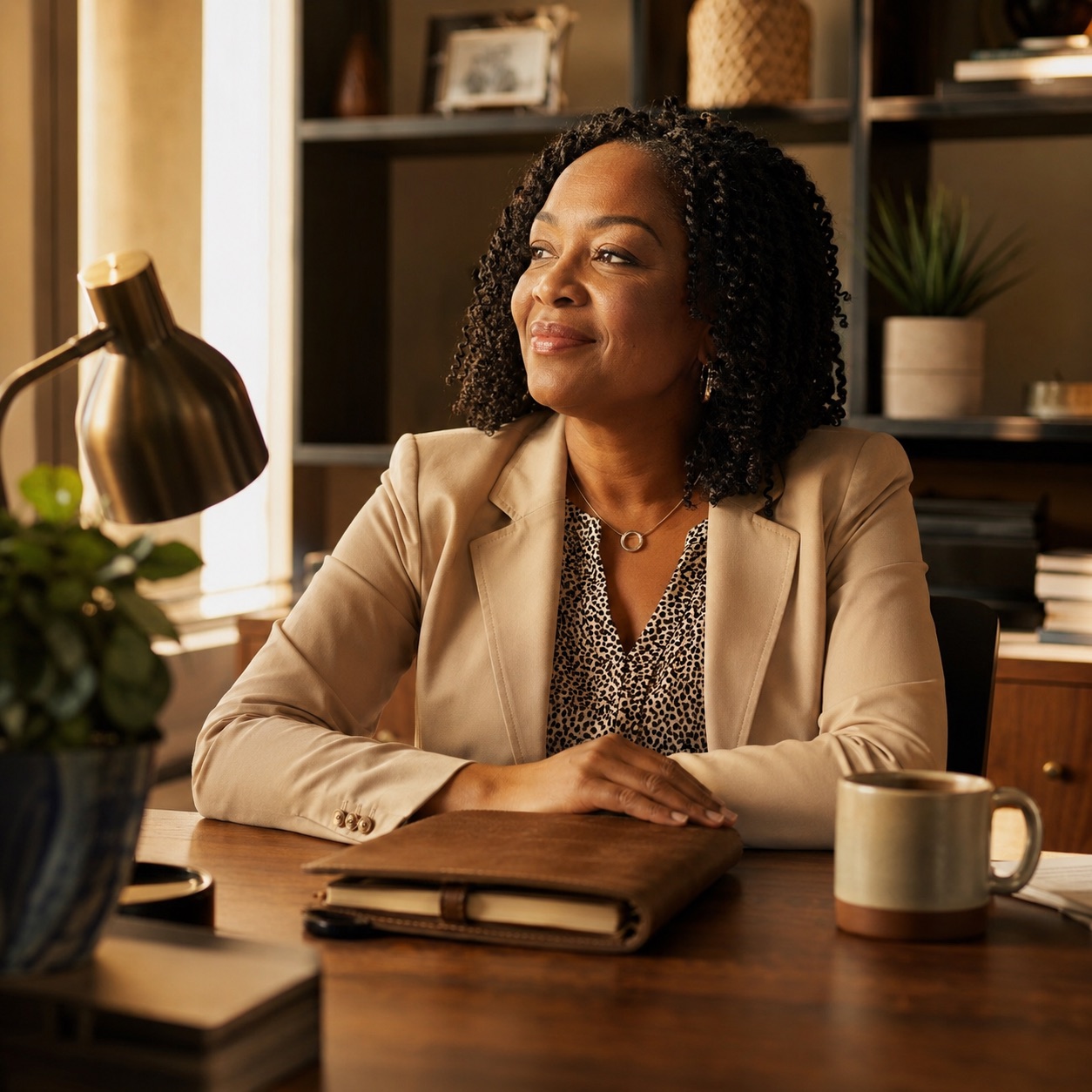 A senior professional at a settled, warmly lit desk, a quiet moment after long tenure