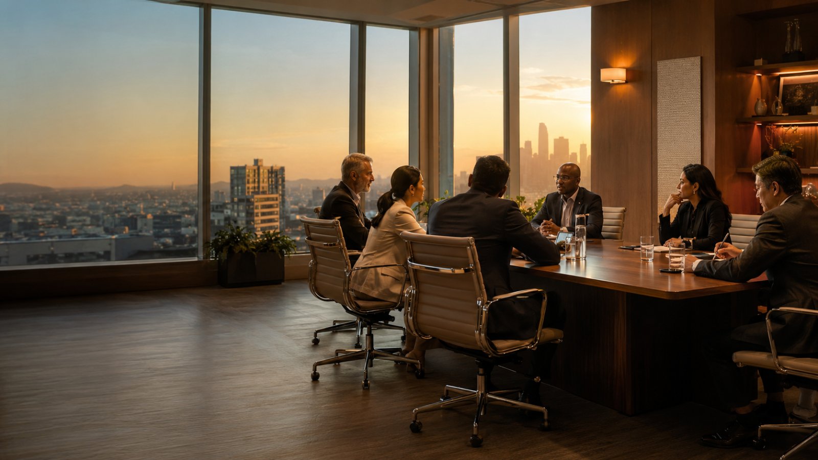 A globally diverse group of senior leaders in discussion in a warm enterprise boardroom at dusk, city skyline beyond