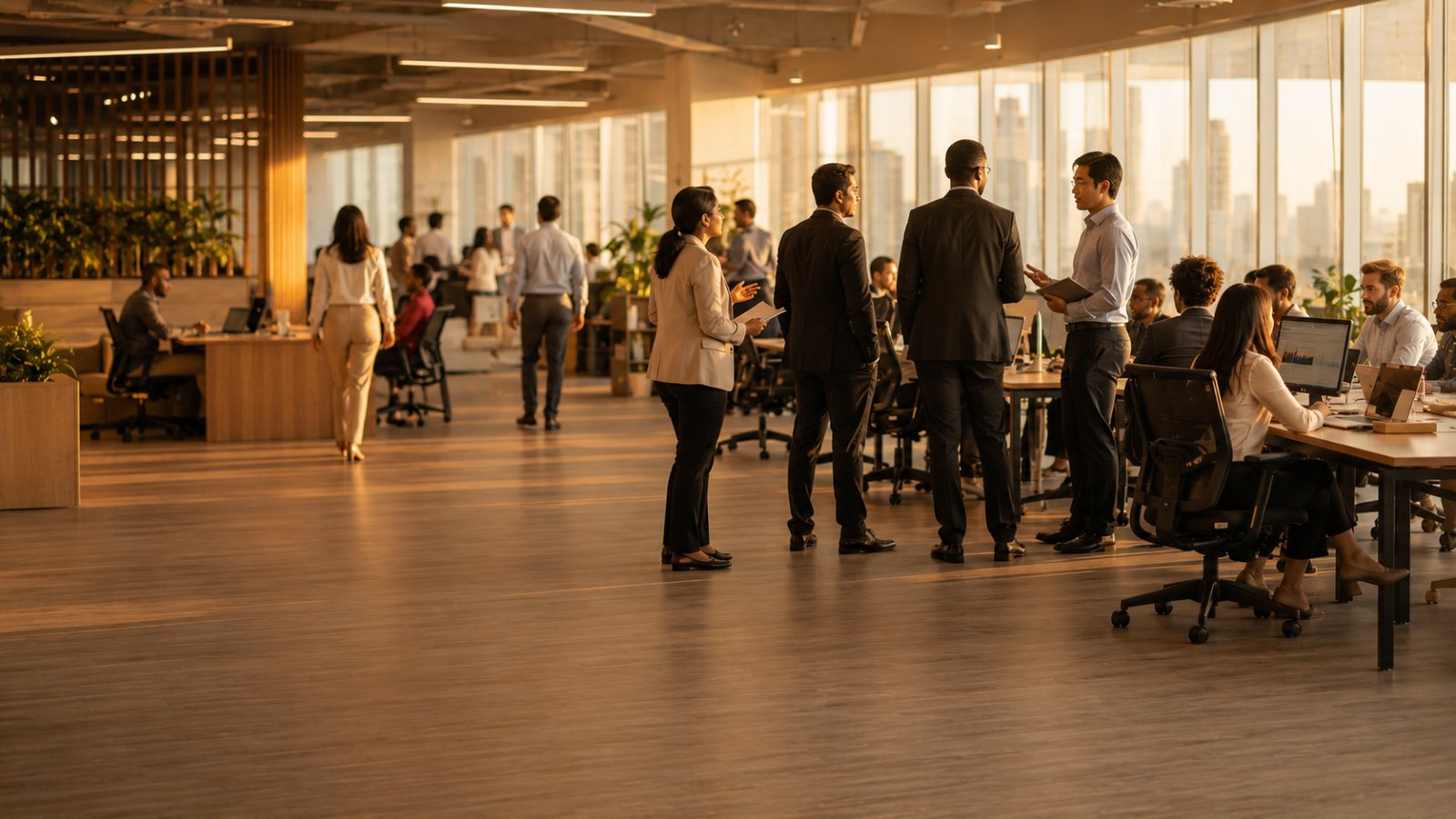 A diverse senior leader addressing a growing team on a warm, modern GCC floor at golden hour
