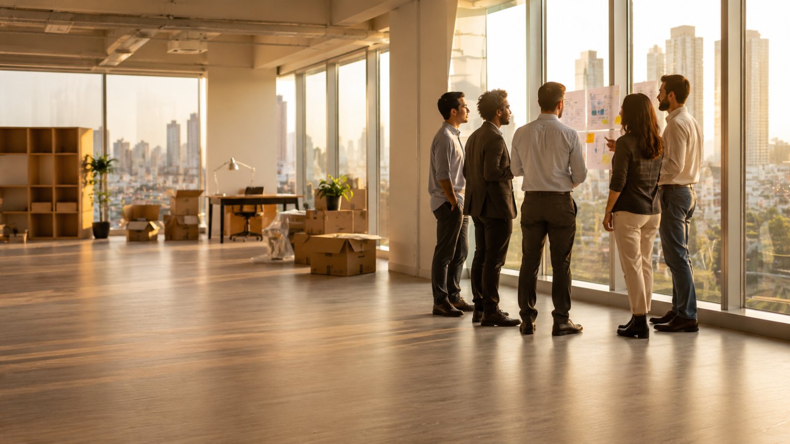 A diverse founding team planning in a bright, newly set-up global capability centre at golden hour