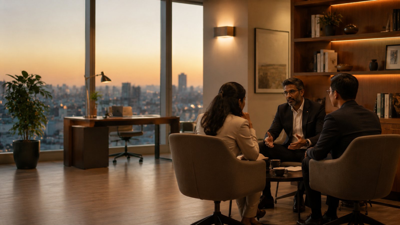 A confident, diverse senior leader in focused conversation in a warm, human-scale modern office at dusk
