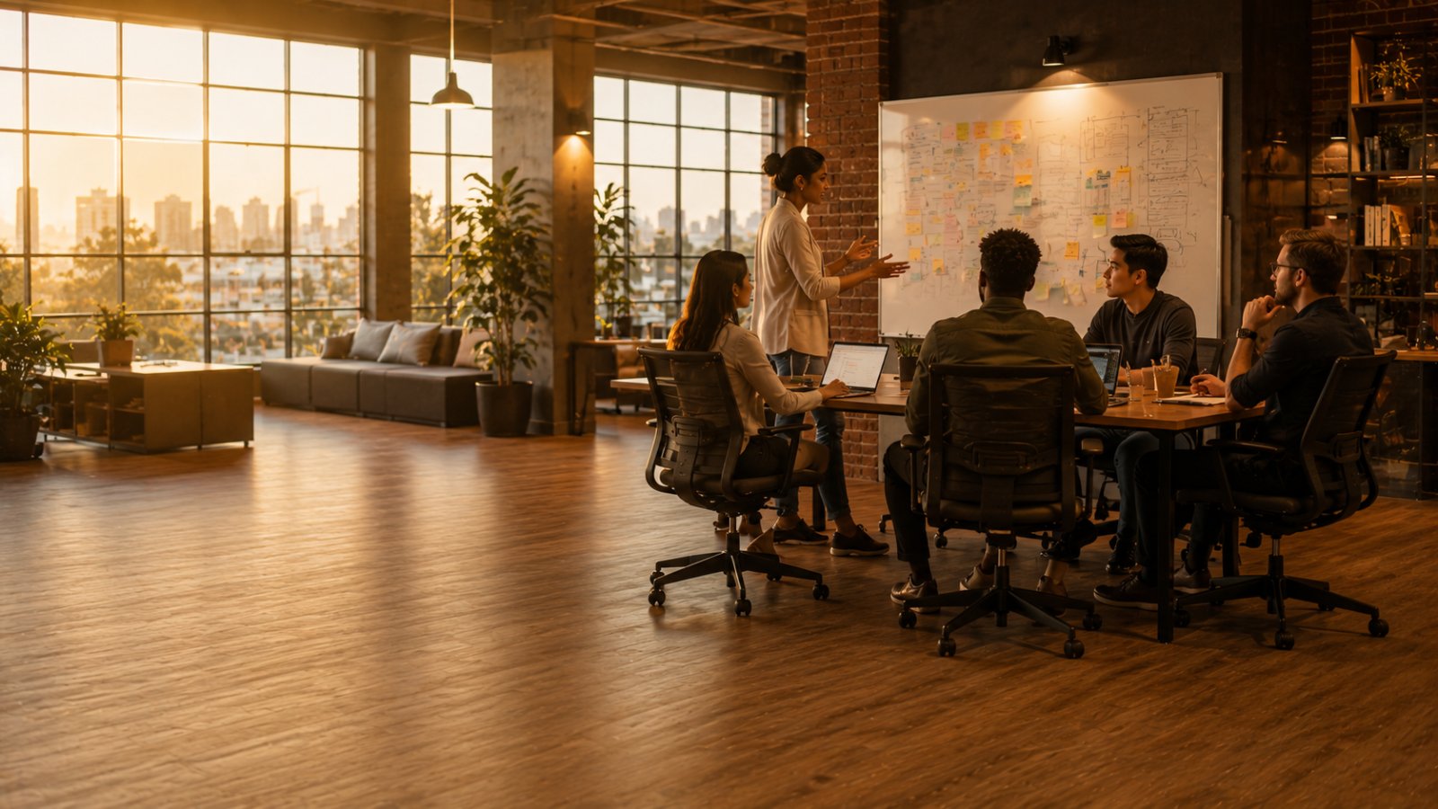 A diverse founder and small agile team building in a warm, energetic scale-up workspace at golden hour